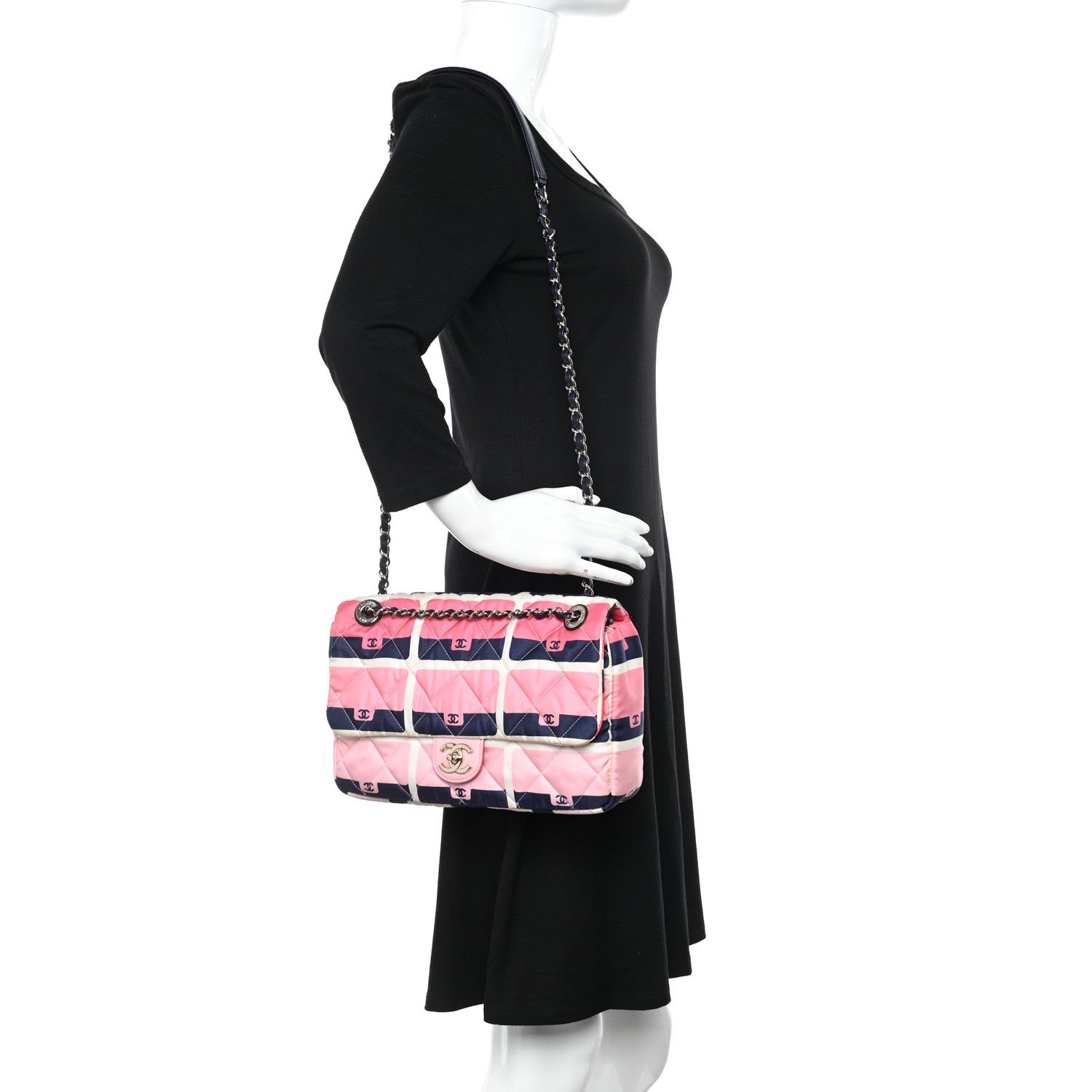 Chanel Nylon Printed Medium Flap Pink Navy White 2 of 11
