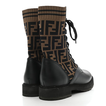 Fendi Calfskin Stretch Fabric FF Rockoko Biker Boots 36.5 Black Tobacco 4 of 7