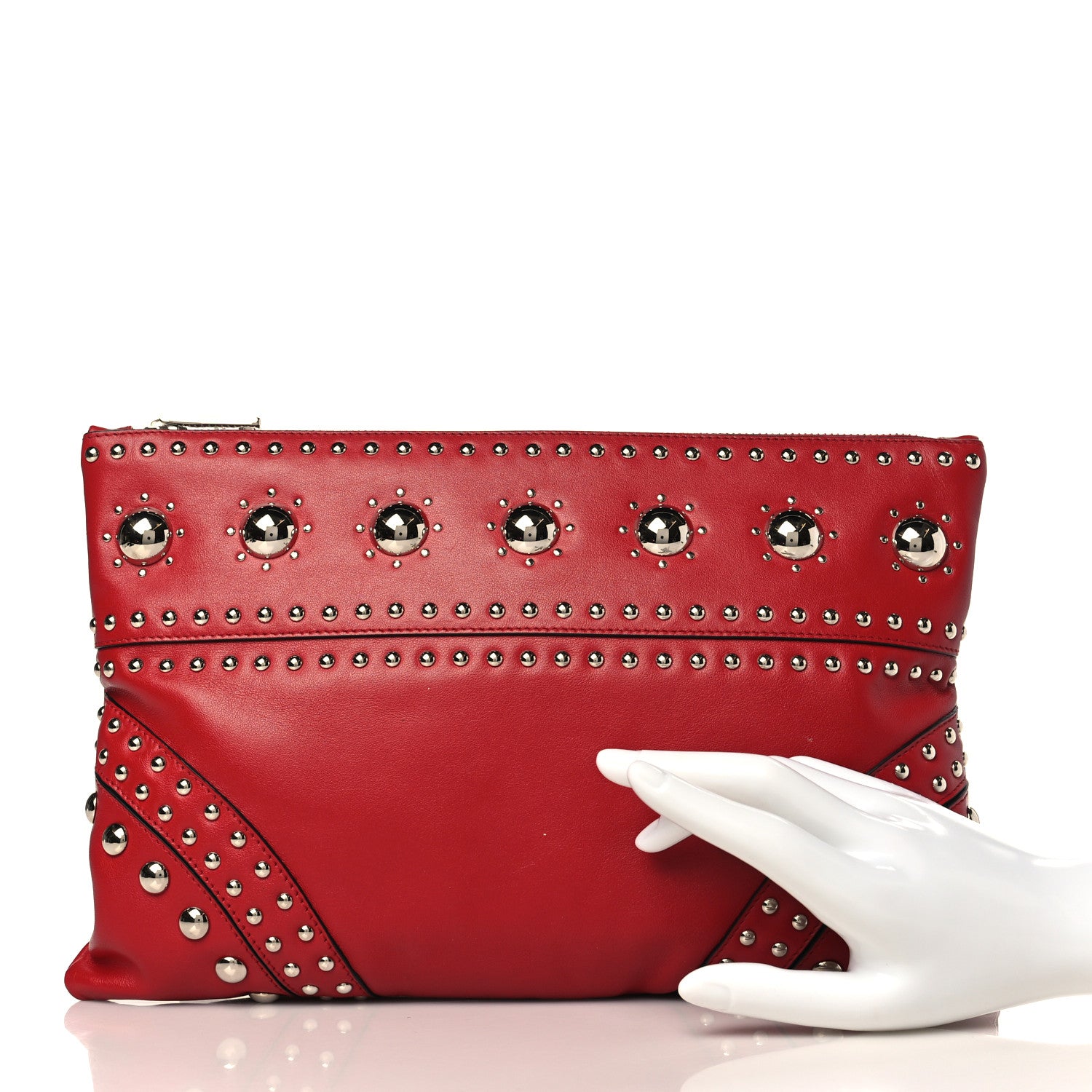 Prada Soft Calfskin Studded Zip Clutch Fuoco 2 of 9