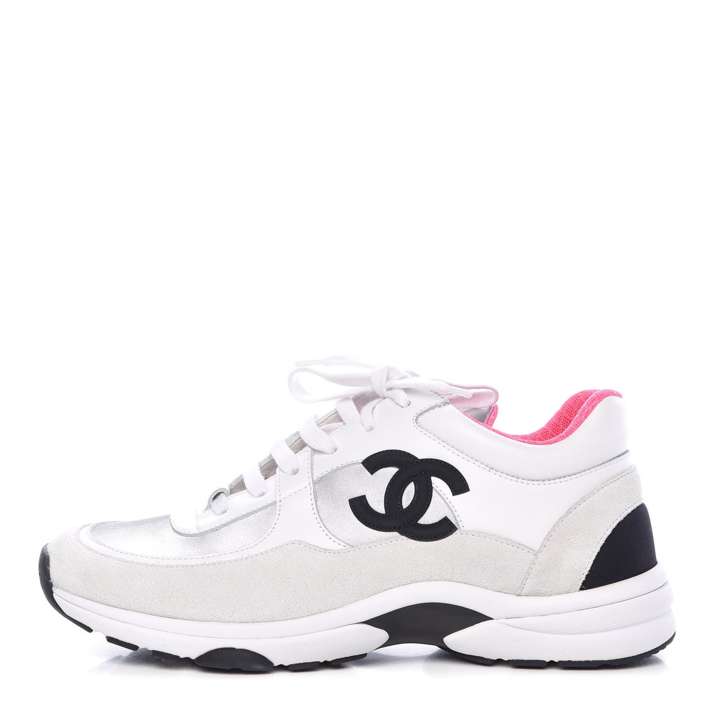 Calfskin Fabric Sneakers 39.5 White Silver Fluo Pink