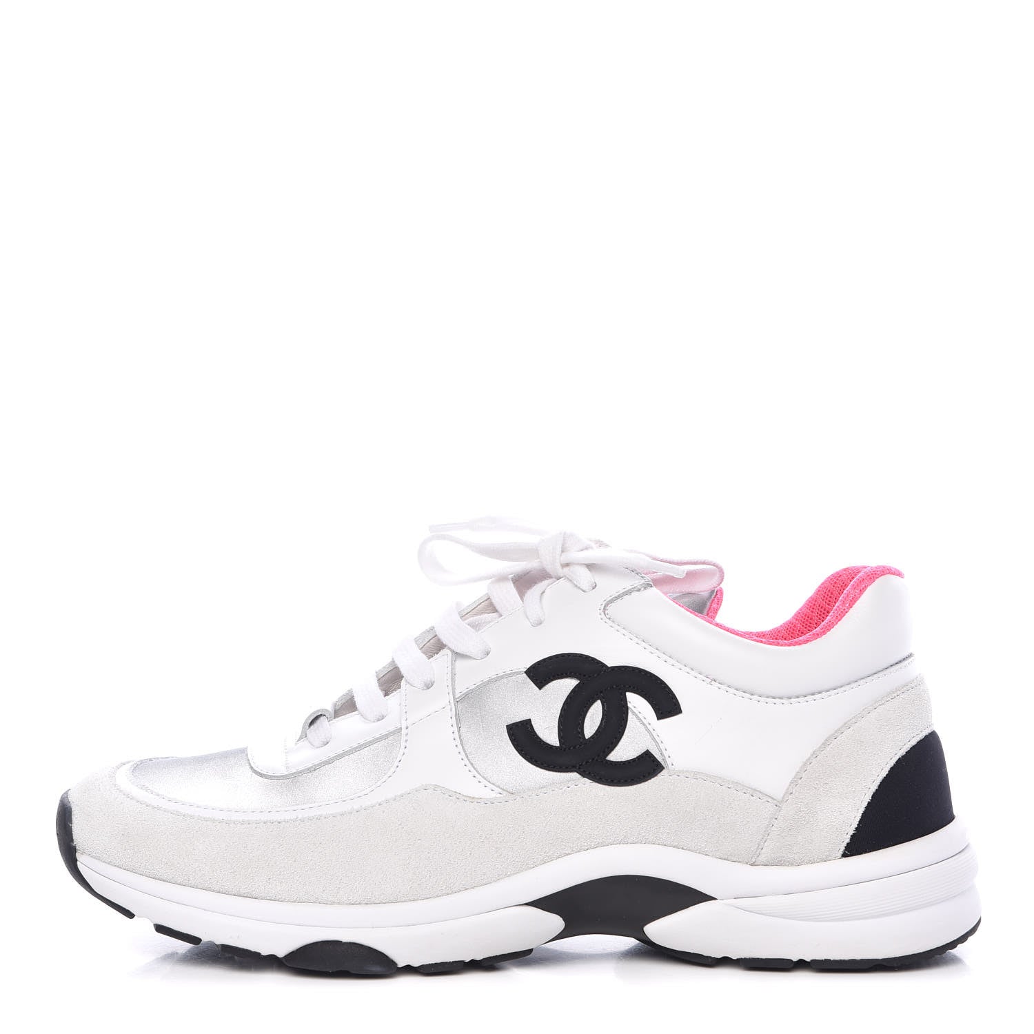 Chanel Calfskin Fabric Sneakers 39.5 White Silver Fluo Pink 1 of 10
