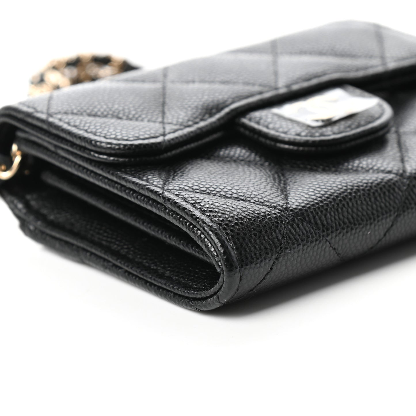 Caviar Quilted Flap Card Holder On Chain Black