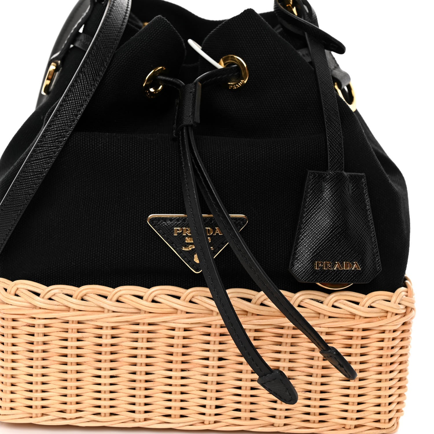 Prada Wicker Canvas Saffiano Bucket Bag Black 7 of 9