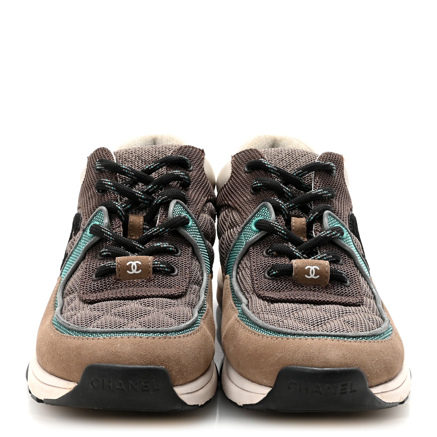 Chanel Nylon Calfskin Suede Womens CC Sneakers 38.5 Brown Green 3 of 9