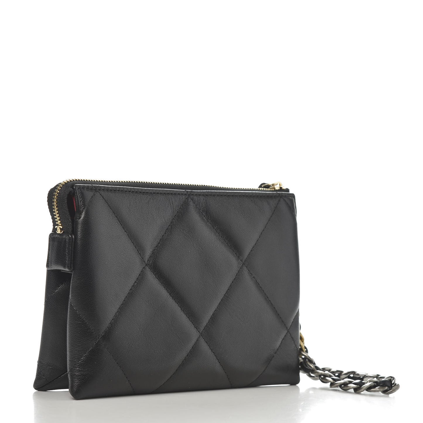 Shiny Goatskin Quilted Small Chanel 19 Pouch With Handle Black