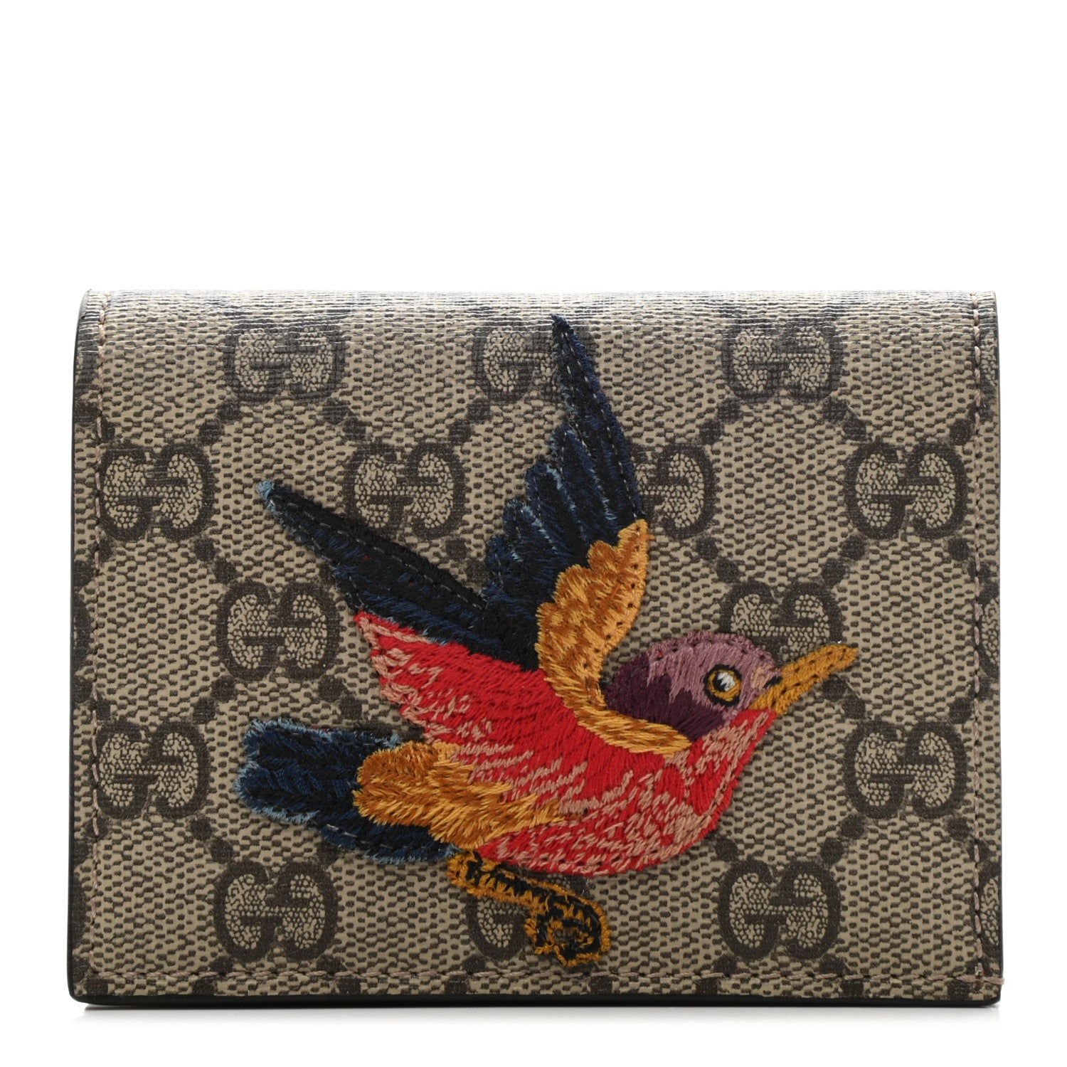 Gucci GG Supreme Monogram Bird Embroidered Card Case Beige 1 of 8