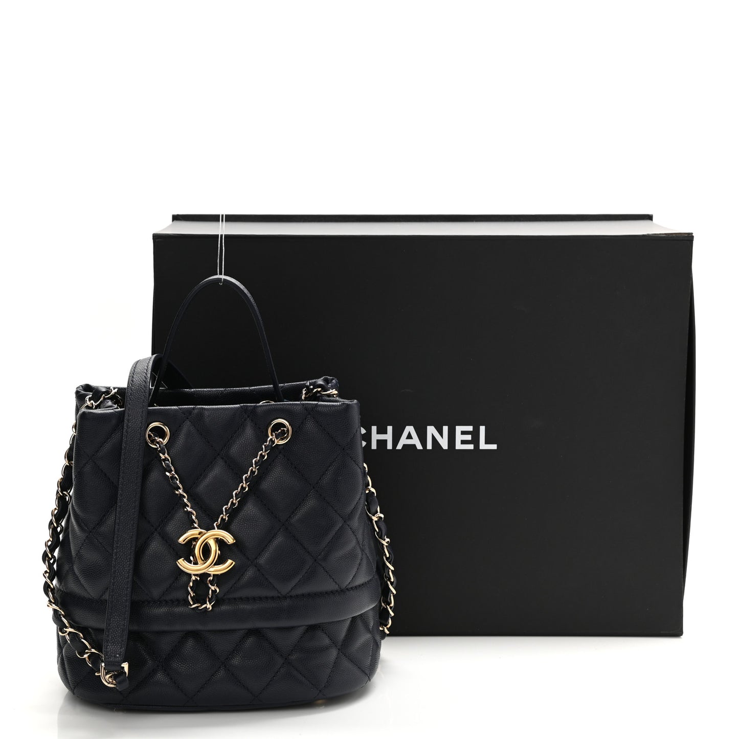 Caviar Quilted Rolled Up Bucket Drawstring Bag Navy