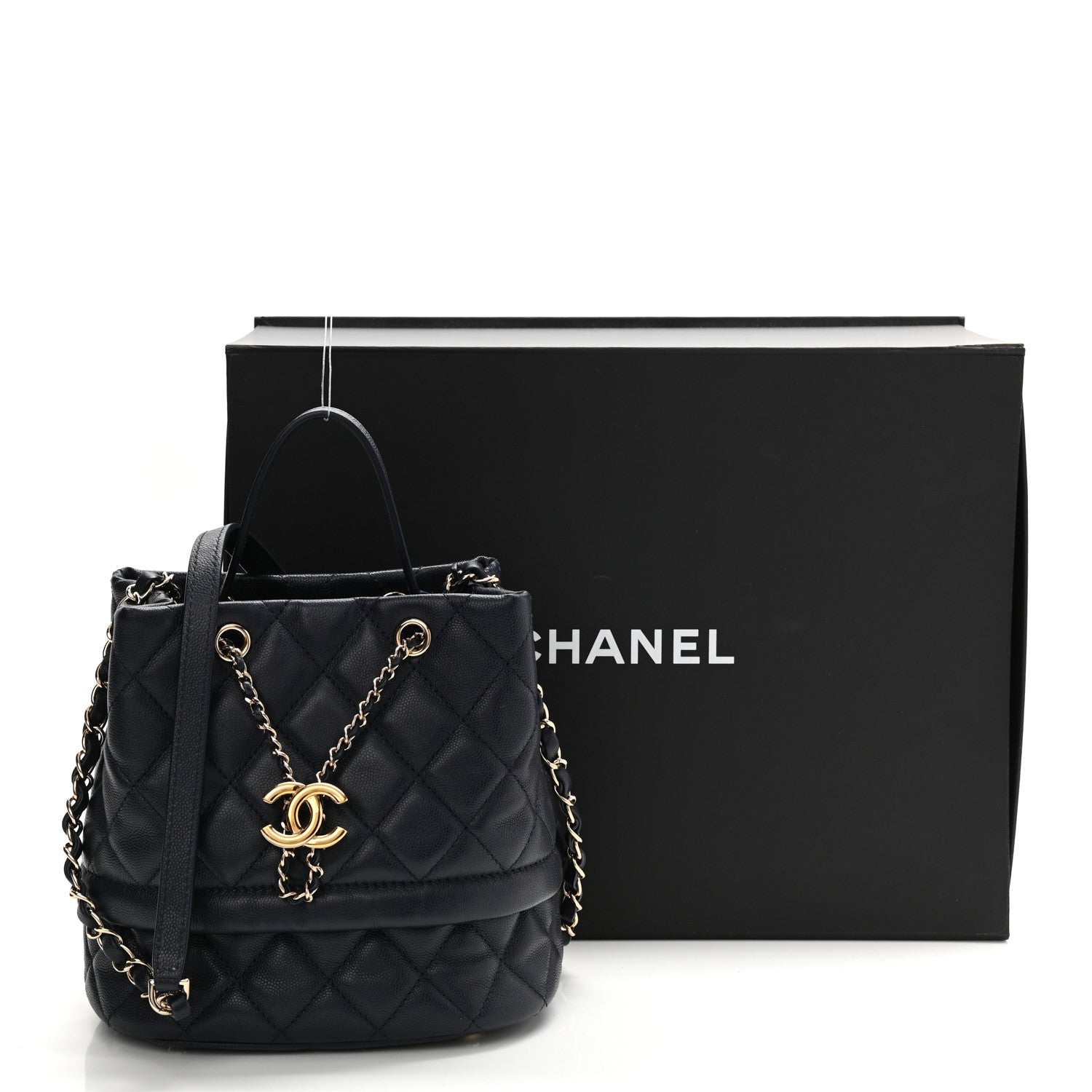 Chanel Caviar Quilted Rolled Up Bucket Drawstring Bag Navy 12 of 12