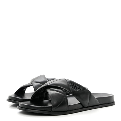 Prada Nappa Logo Quilted Criss Cross Slide Sandals 40 Black 3 of 10