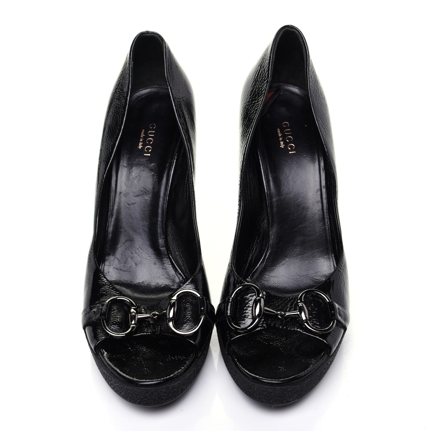 Gucci Patent Horsebit Platform Peep Toe Pumps 9.5 Black 9 of 15