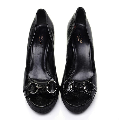 Gucci Patent Horsebit Platform Peep Toe Pumps 9.5 Black 9 of 15