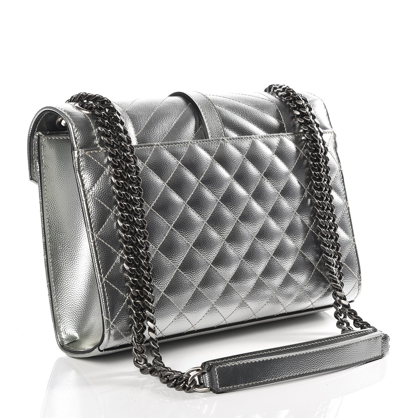 Metallic Grain De Poudre Textured Mixed Matelasse Triquilt Medium Monogram Satchel Silver