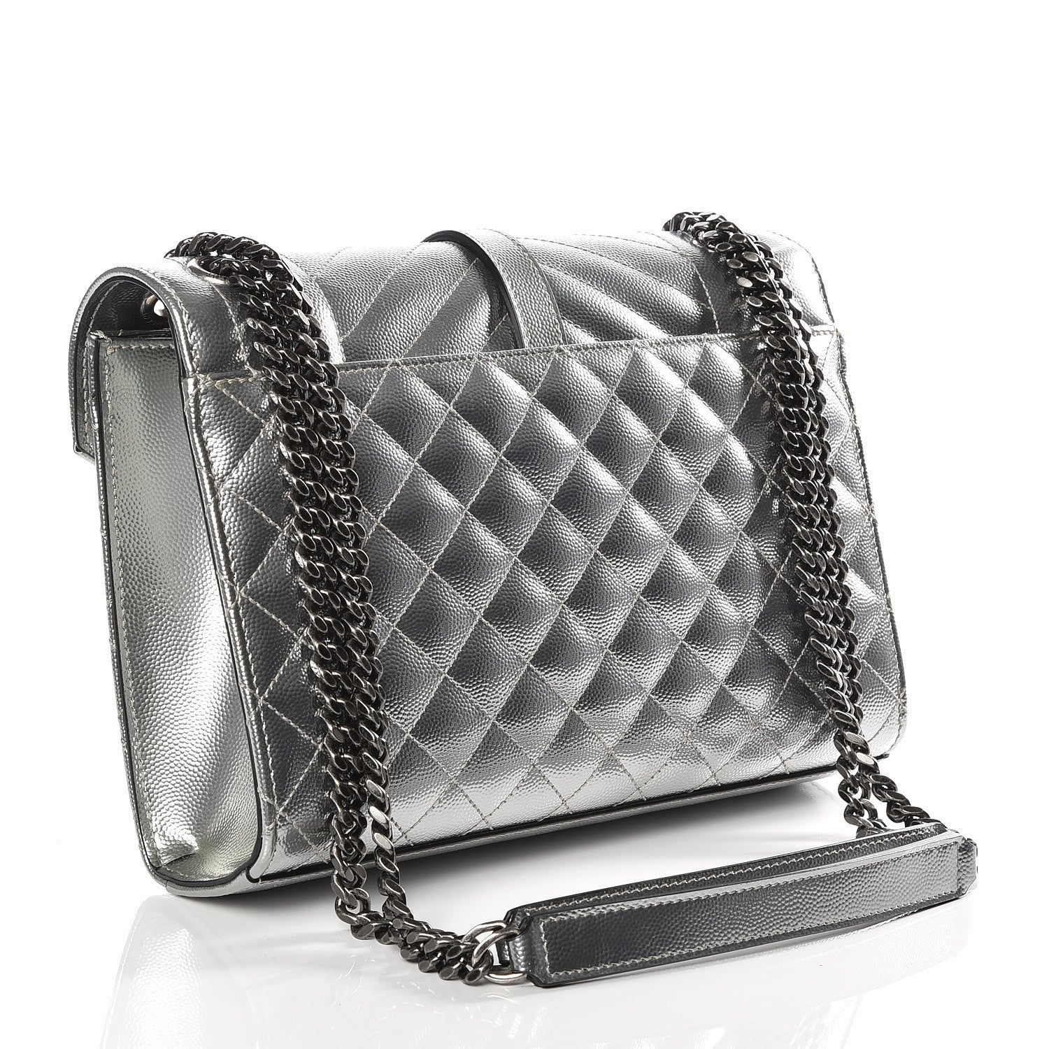 Saint Laurent Metallic Grain De Poudre Textured Mixed Matelasse Triquilt Medium Monogram Satchel Silver 2 of 9