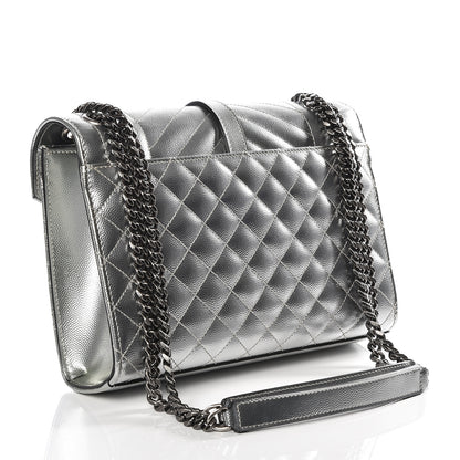 Saint Laurent Metallic Grain De Poudre Textured Mixed Matelasse Triquilt Medium Monogram Satchel Silver 2 of 9