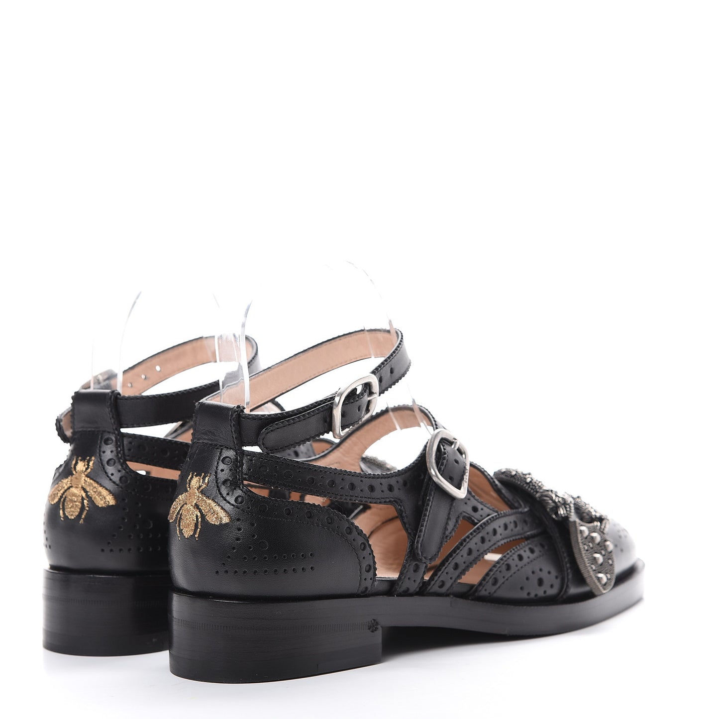 Calfskin Bee Embroidered Womens Queercore Brogue Wingtip Monk Strap Loafers 36.5 Black