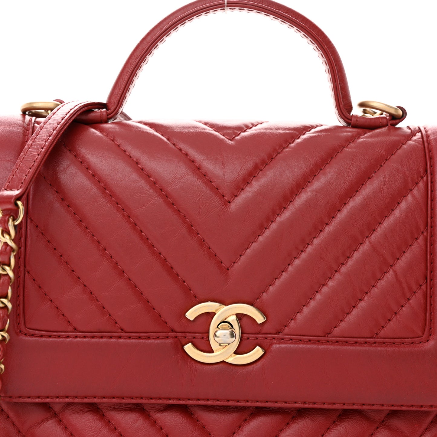 Calfskin Chevron Quilted Top Handle Flap Red