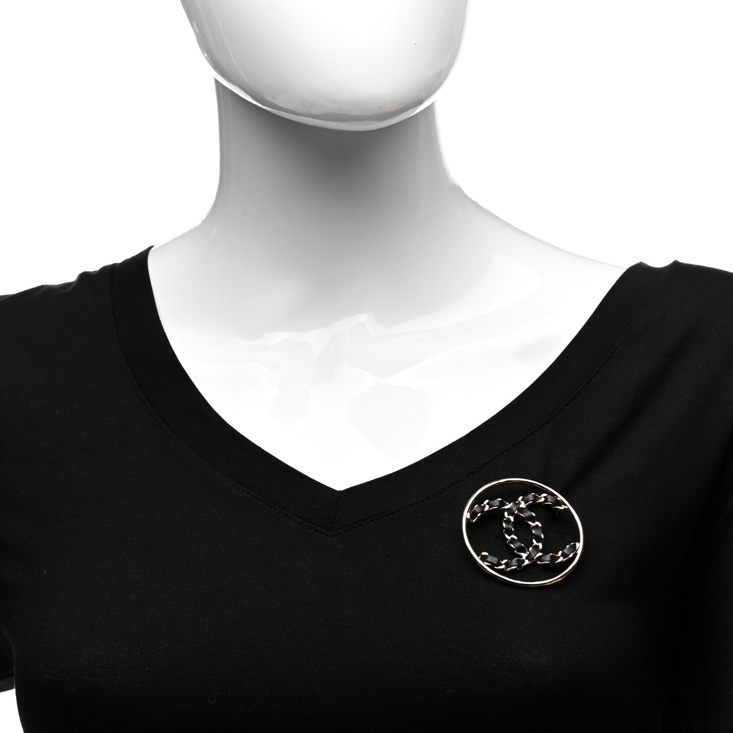 Lambskin Chain CC Round Brooch Black Gold