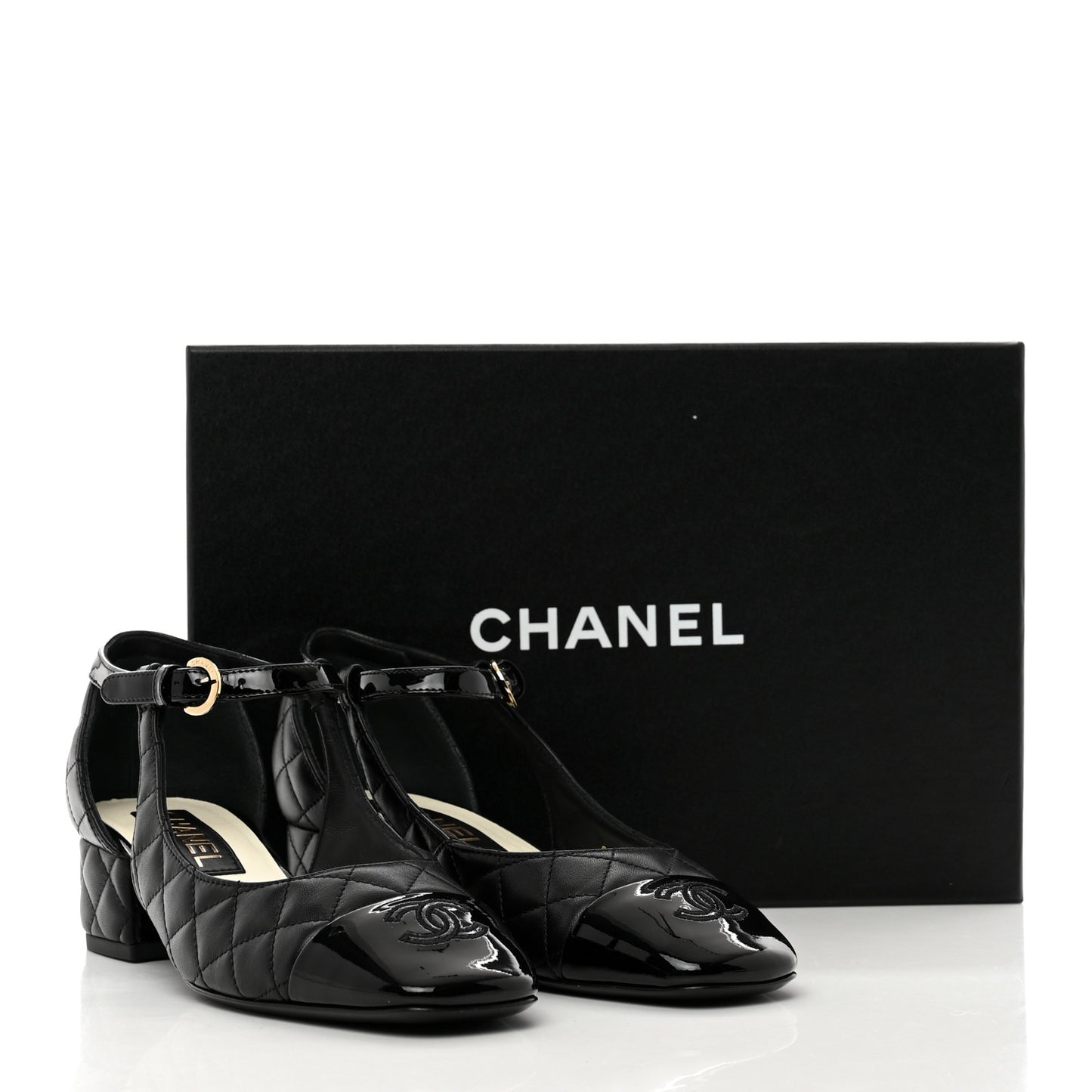 Lambskin Patent Quilted Cap Toe Mary Jane Flats 37 Black