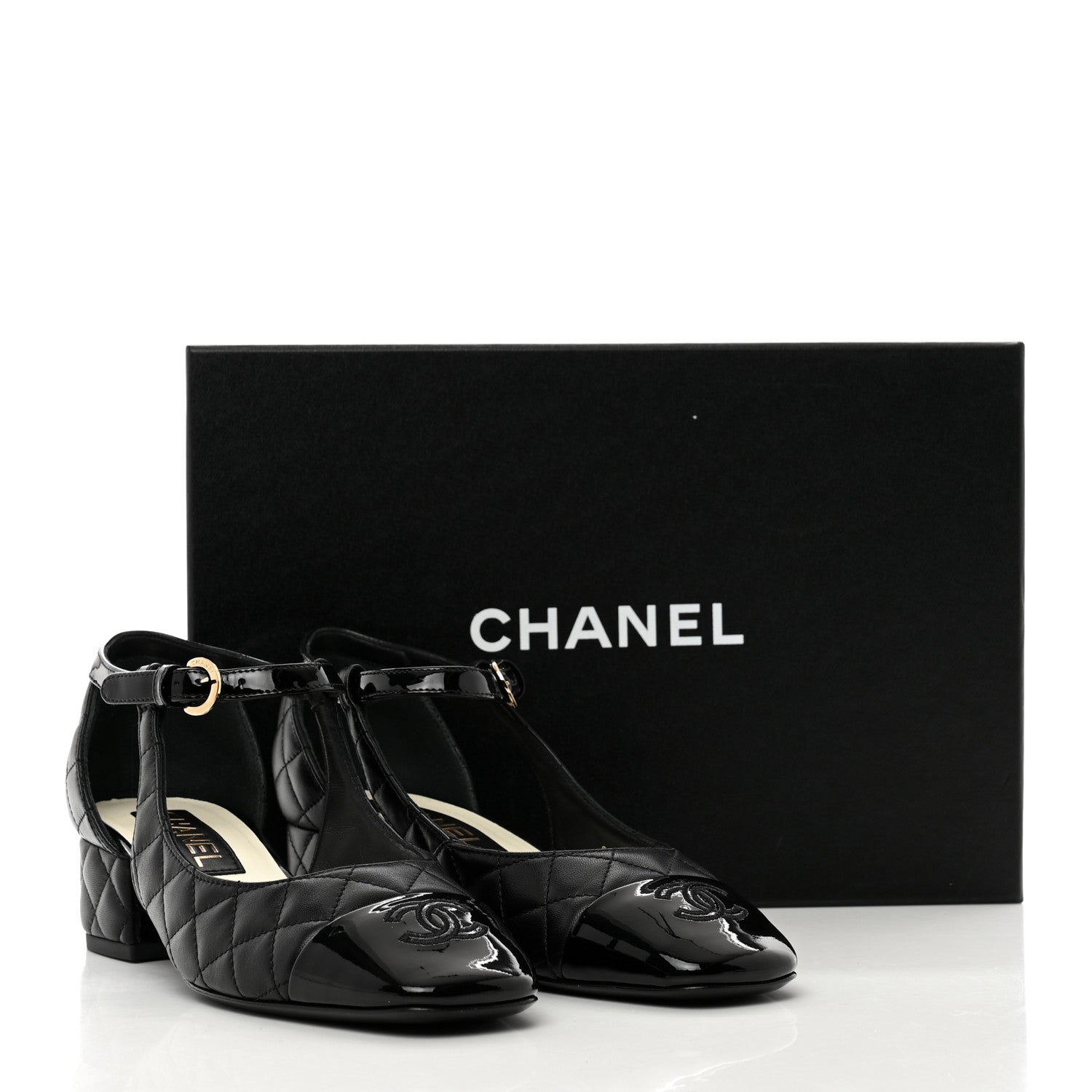 Chanel Lambskin Patent Quilted Cap Toe Mary Jane Flats 37 Black 8 of 8
