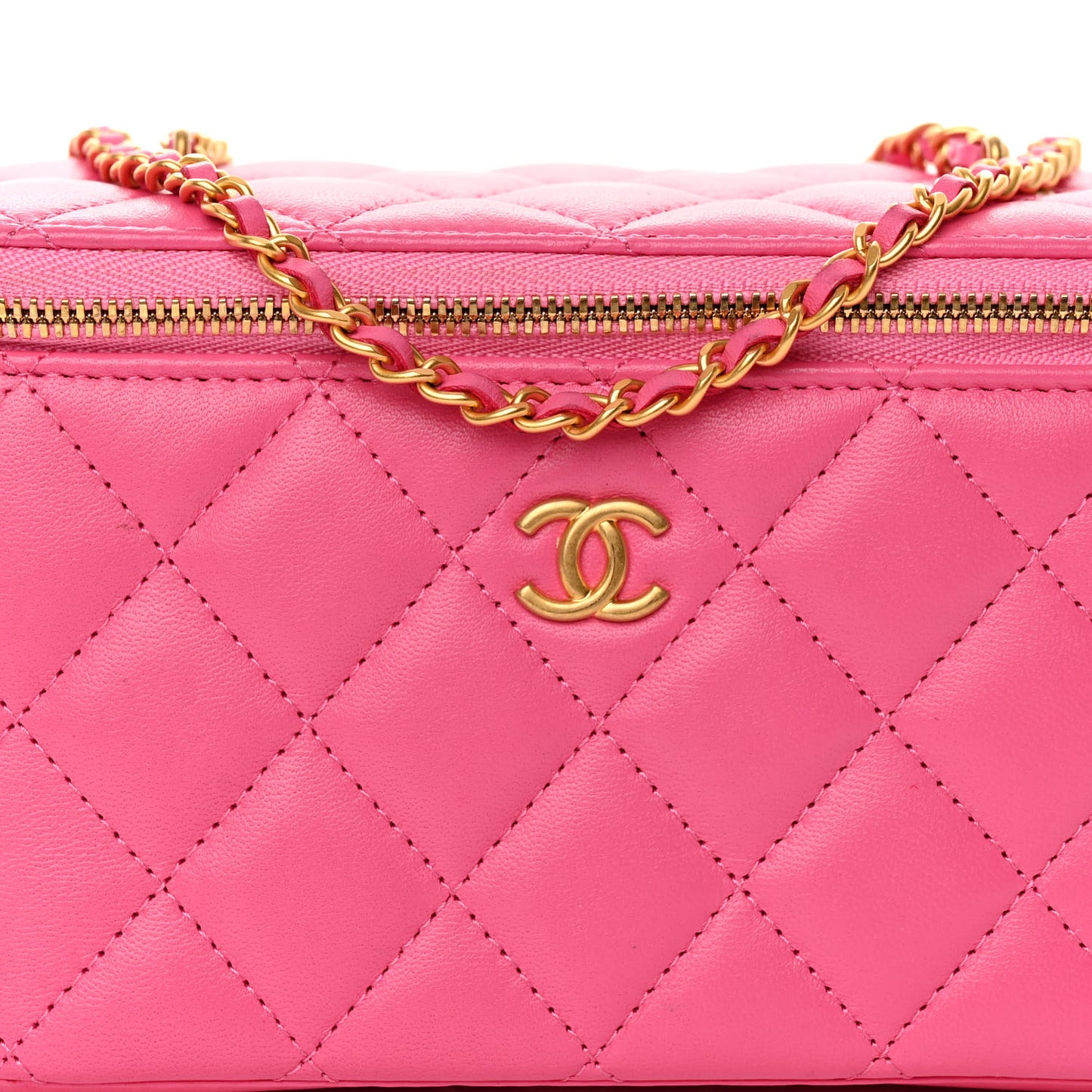Lambskin Enamel Quilted Small Coco Hearts Vanity Case With Chain Pink