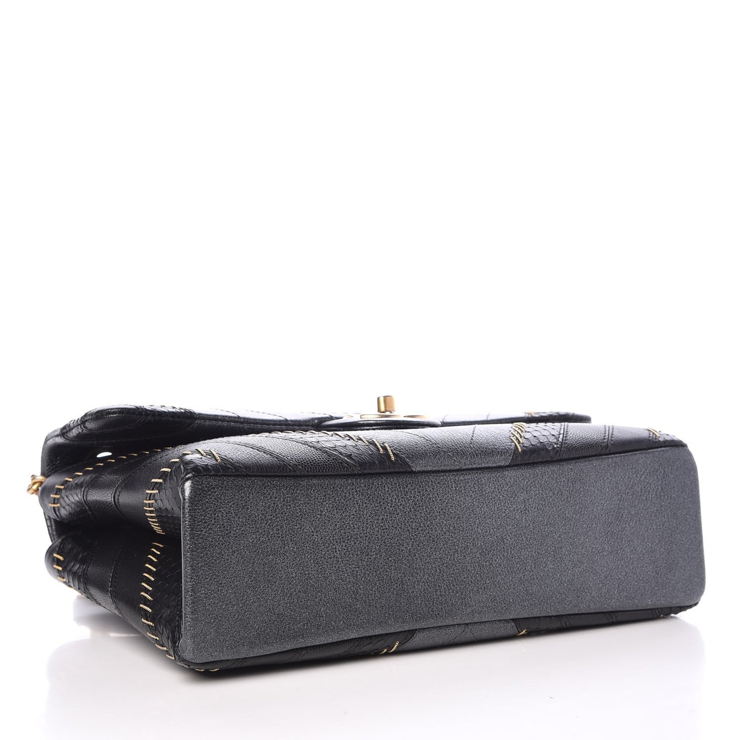 Calfskin Python Patchwork Chevron Medium Flap Black Silver