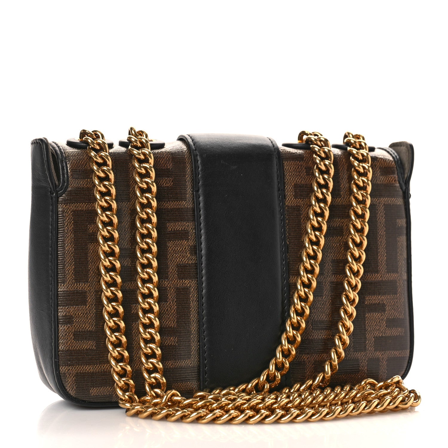 Fendi Glazed Fabric Vitello Century FF 1974 Stamp Patch Mini Double F Crossbody Bag Mogano Panna Black 3 of 9