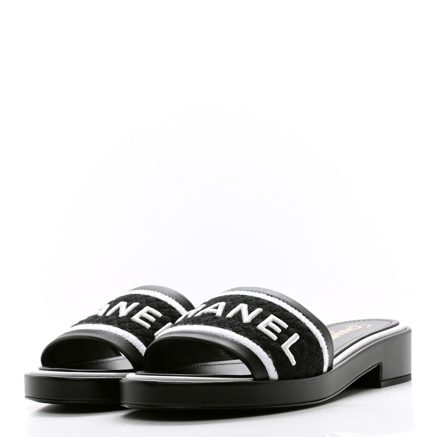 Lambskin Embroidered CC Mule Sandal 41 Black White