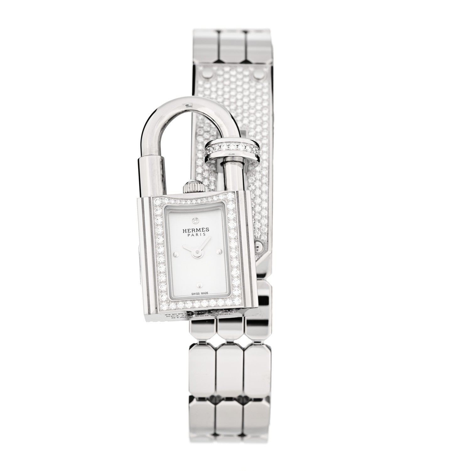 Hermes Stainless Steel Diamond Pave 16mm Kelly Quartz Watch 1 of 5