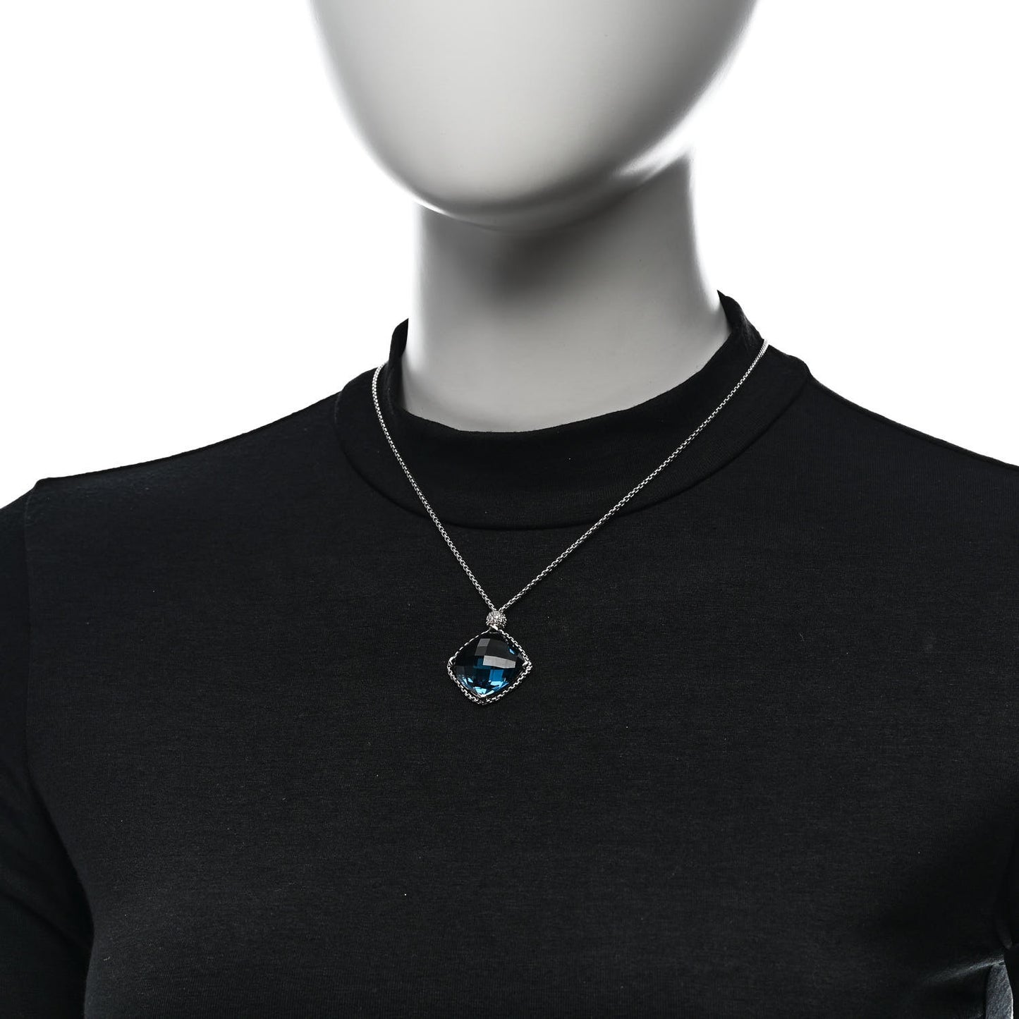 Sterling Silver Diamond Blue Topaz 20mm Cushion on Point Drop Pendant Necklace