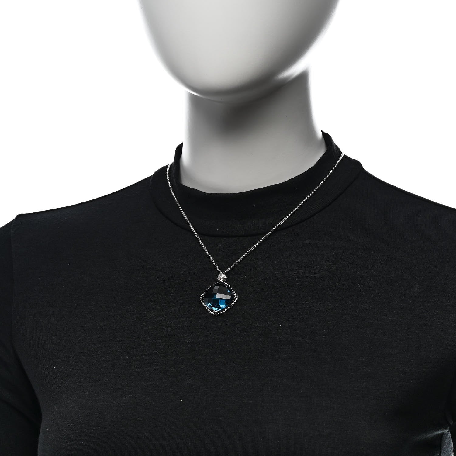 David Yurman Sterling Silver Diamond Blue Topaz 20mm Cushion on Point Drop Pendant Necklace 2 of 8