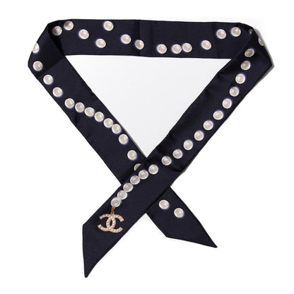 Chanel Silk Pearl CC Slim Bandeau Scarf Navy 1 of 3