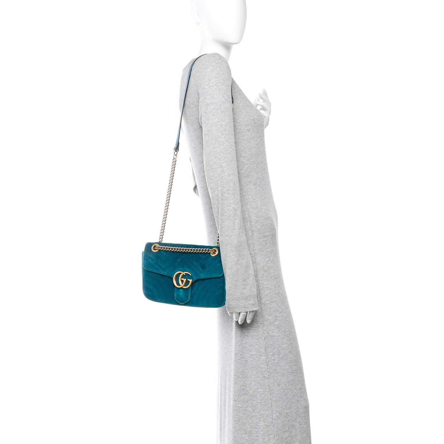 Gucci Velvet Matelasse Small GG Marmont Shoulder Bag Pavone Cyan 2 of 10