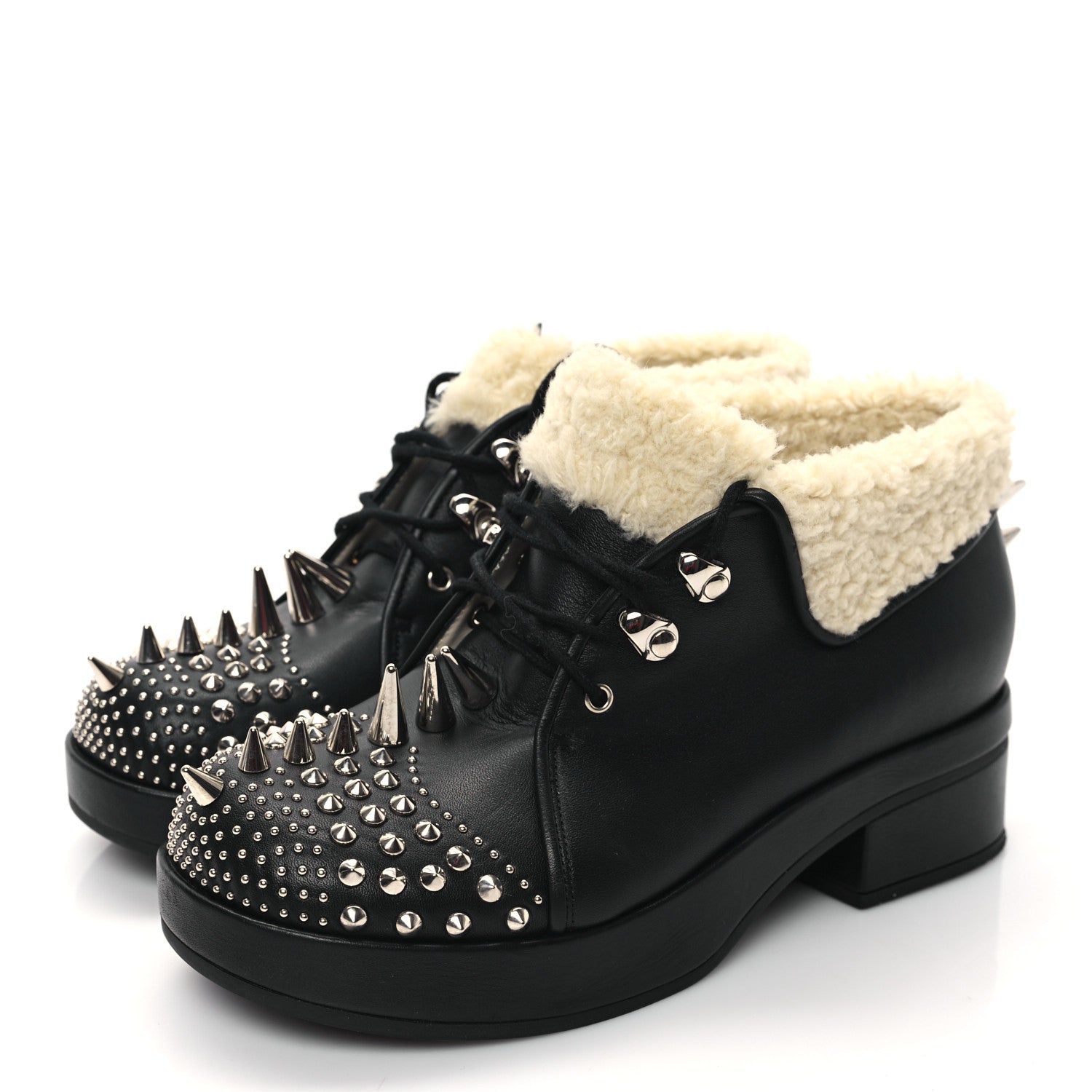 Gucci Calfskin Faux Shearling Studded Victor Ankle Boots 36 Black Mystic White 3 of 7