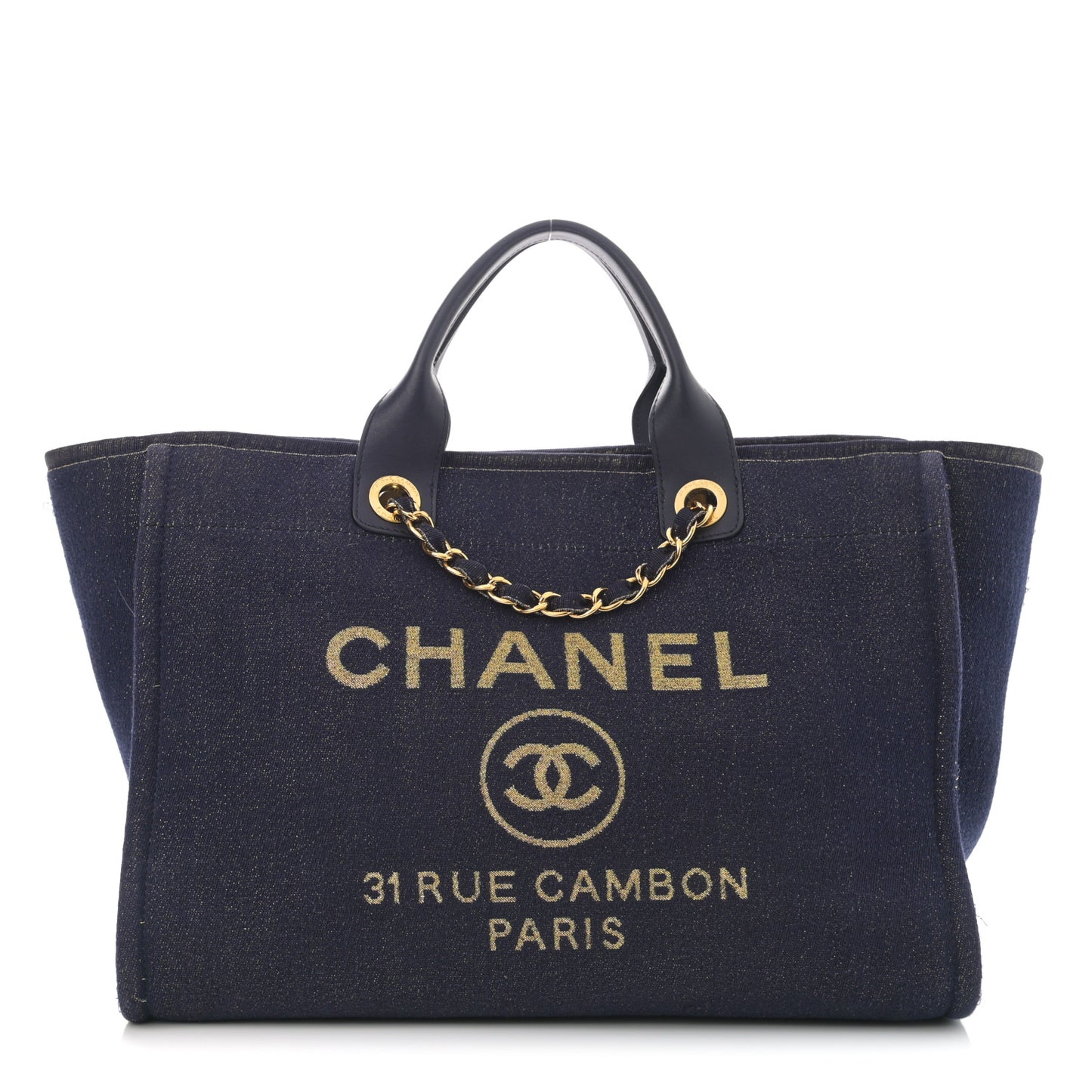 Lurex Canvas Medium Deauville Tote Navy Blue Gold