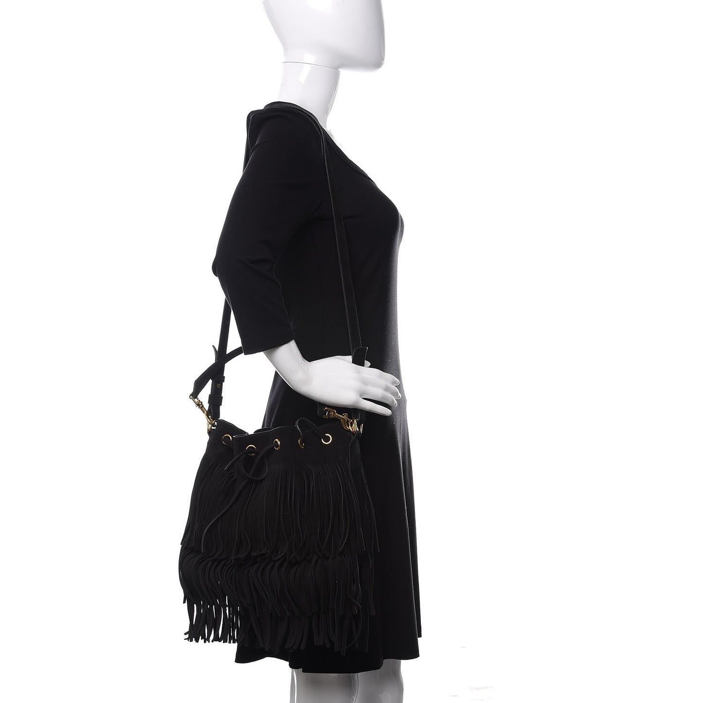 Suede Calfskin Medium Emmanuelle Fringe Bucket Bag Black