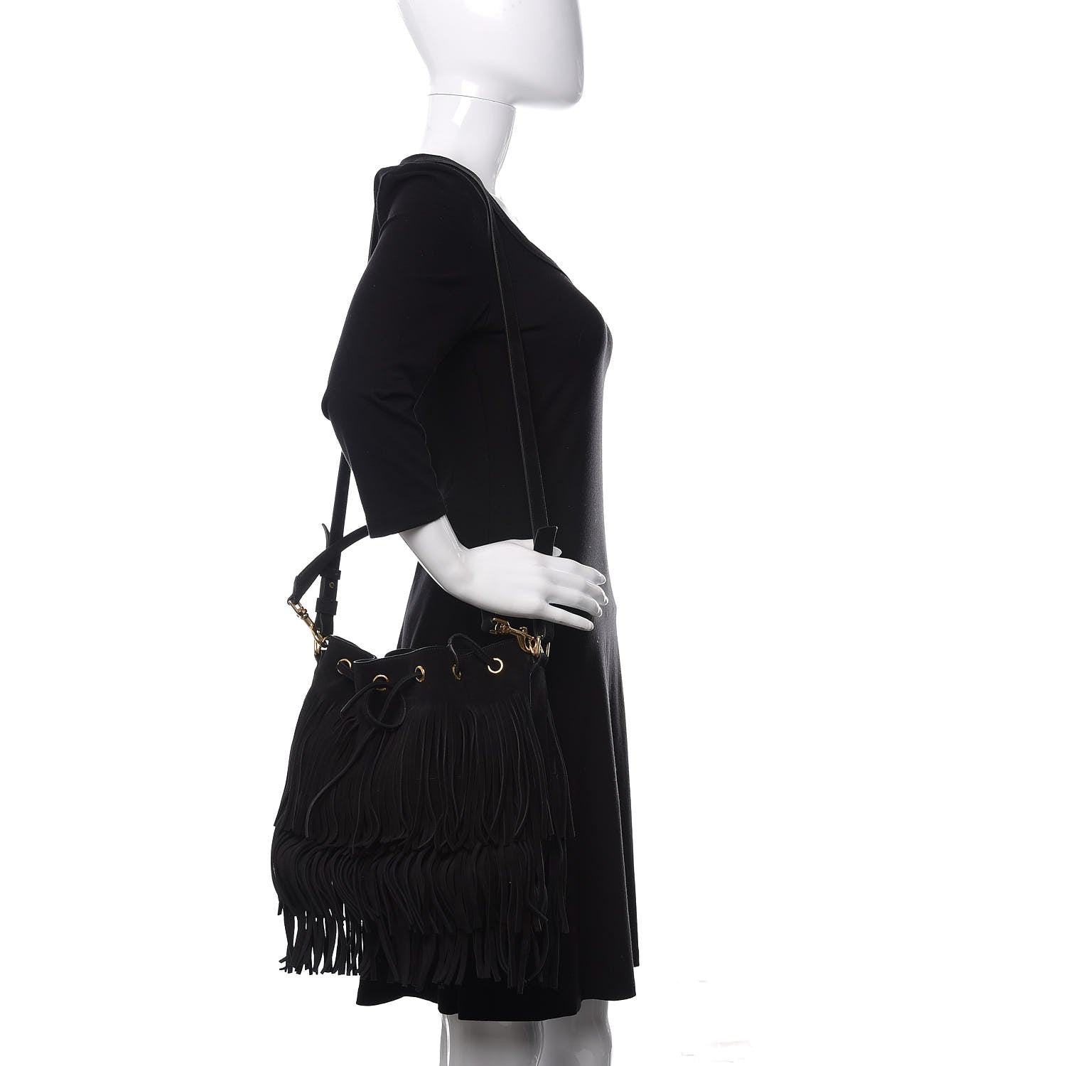 Saint Laurent Suede Calfskin Medium Emmanuelle Fringe Bucket Bag Black 2 of 9