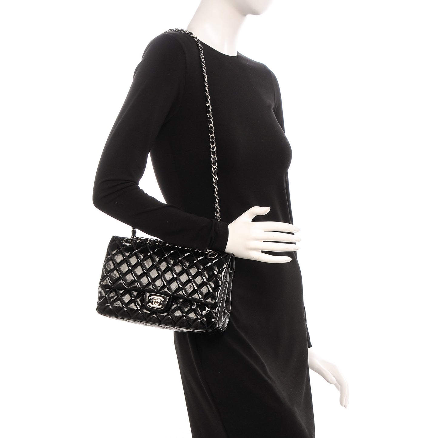 Patent Quilted Medium Double Flap Black