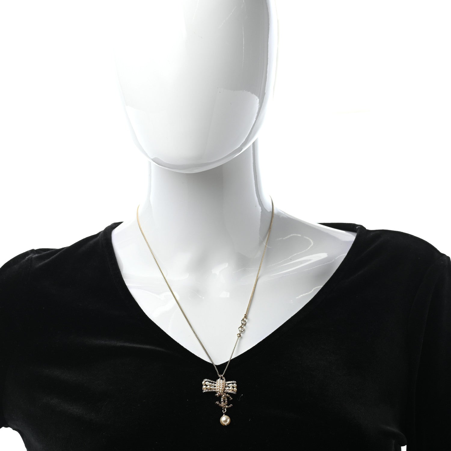 Chanel Crystal Pearl CC Bow Necklace Gold 2 of 5