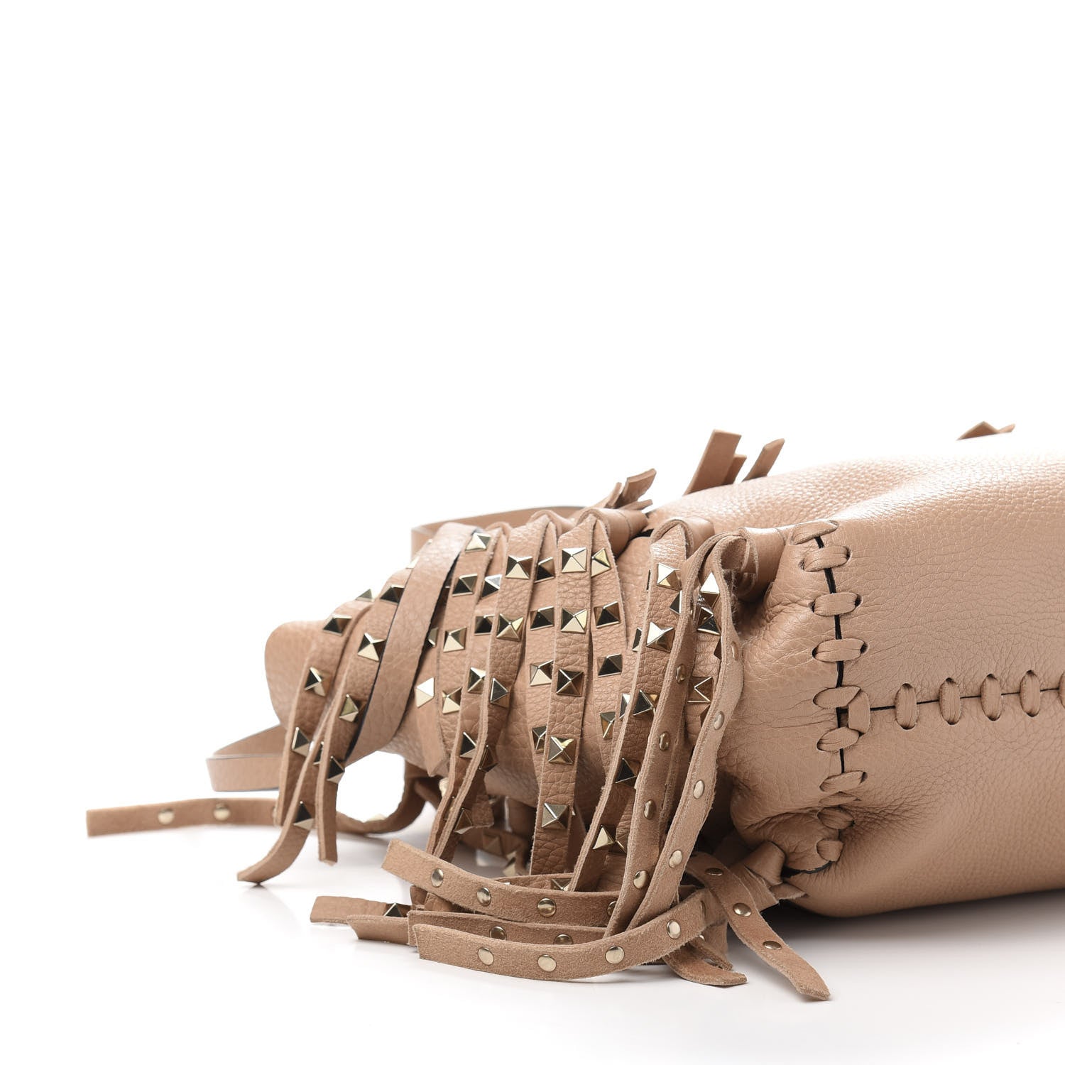 Valentino Garavani Grained Calfskin Small Rockstud C-Rockee Fringe Tote Poudre 8 of 13