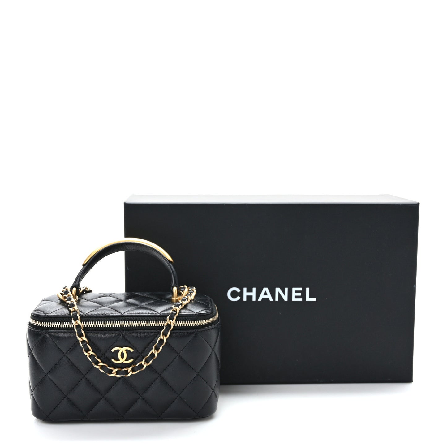 Lambskin Quilted Metal Small Top Handle Vanity Case With Chain Black