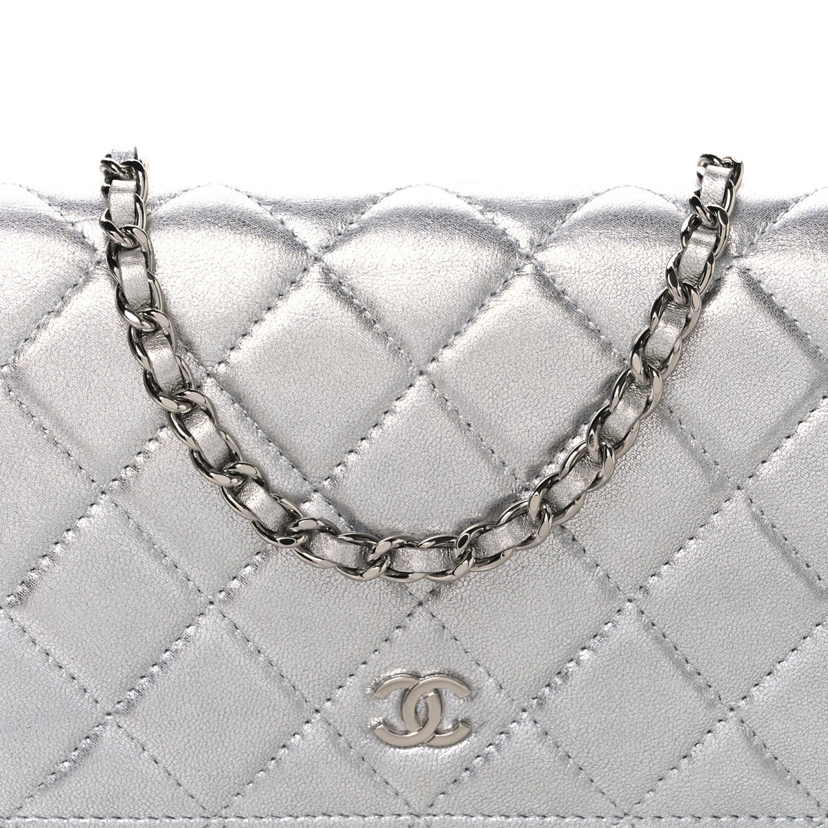 Chanel Metallic Lambskin Quilted Wallet On Chain WOC Silver 8 of 11