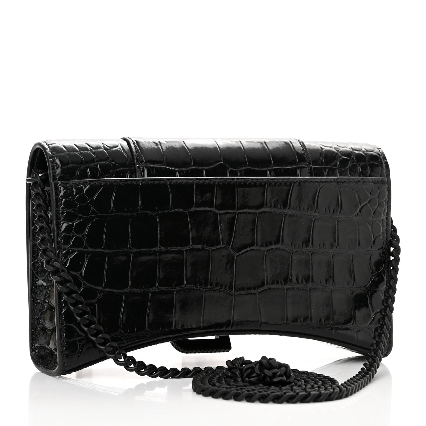 Shiny Calfskin Monochrome Crocodile Embossed Hourglass Chain Bag Black