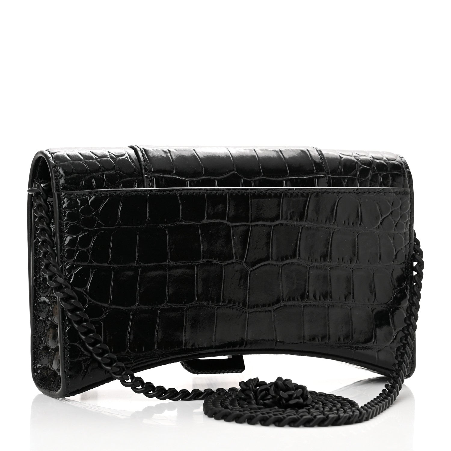 Balenciaga Shiny Calfskin Monochrome Crocodile Embossed Hourglass Chain Bag Black 3 of 9