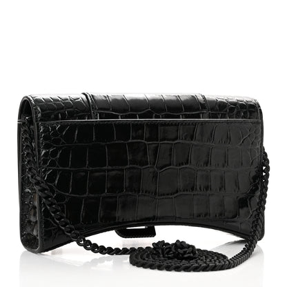 Balenciaga Shiny Calfskin Monochrome Crocodile Embossed Hourglass Chain Bag Black 3 of 9