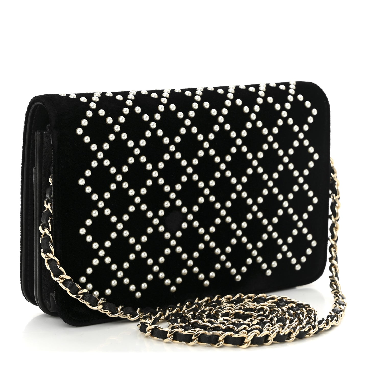 Velvet Pearl Diamond Embellished Wallet On Chain WOC Black