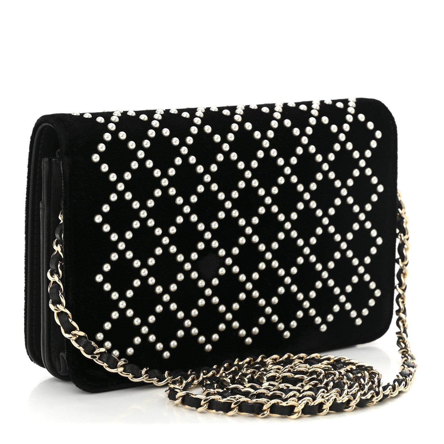 Chanel Velvet Pearl Diamond Embellished Wallet On Chain WOC Black 3 of 12