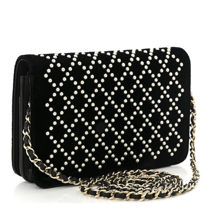 Chanel Velvet Pearl Diamond Embellished Wallet On Chain WOC Black 3 of 12
