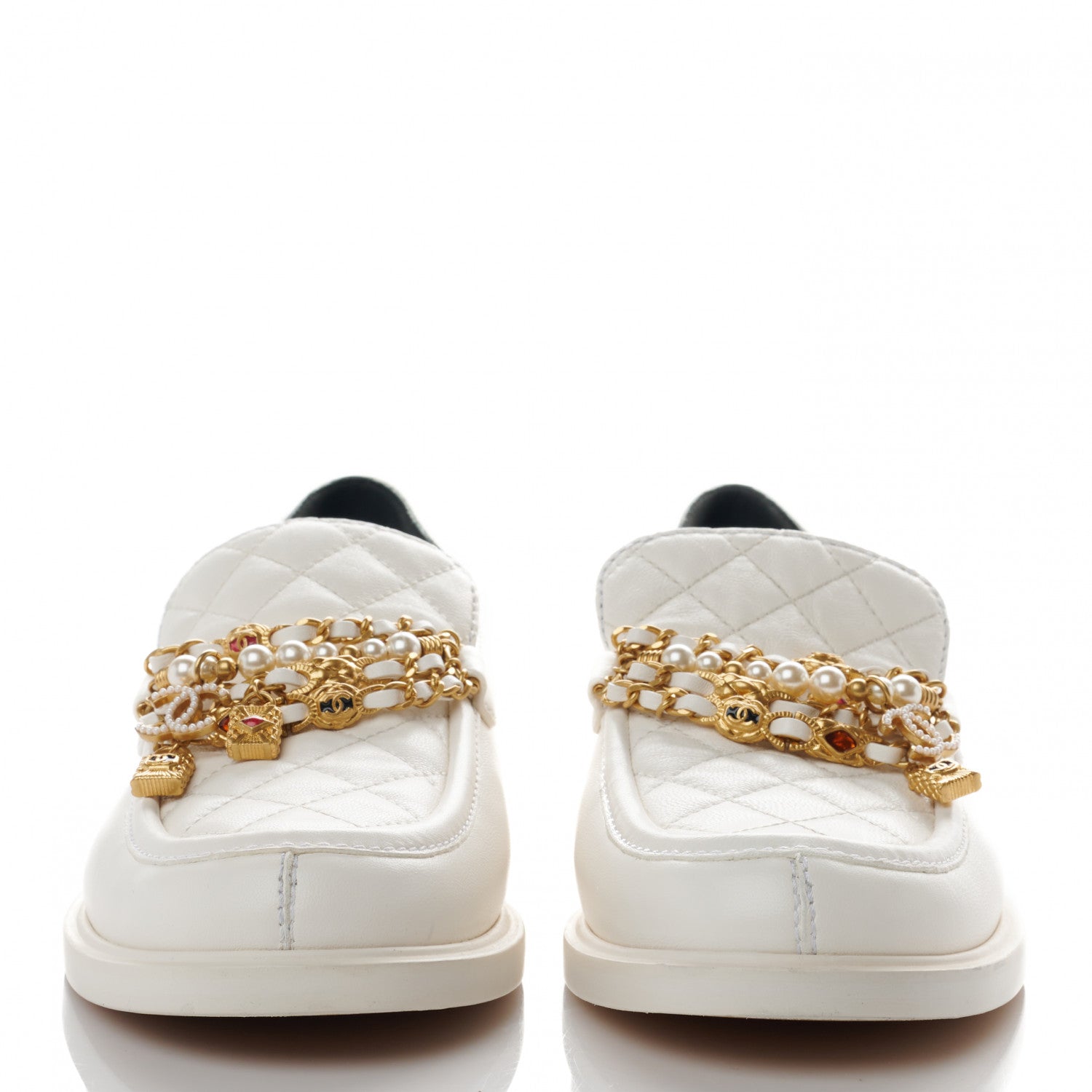 Chanel Lambskin Pearl Crystal Quilted CC Logo Jewelry Loafers 40 White 2 of 8