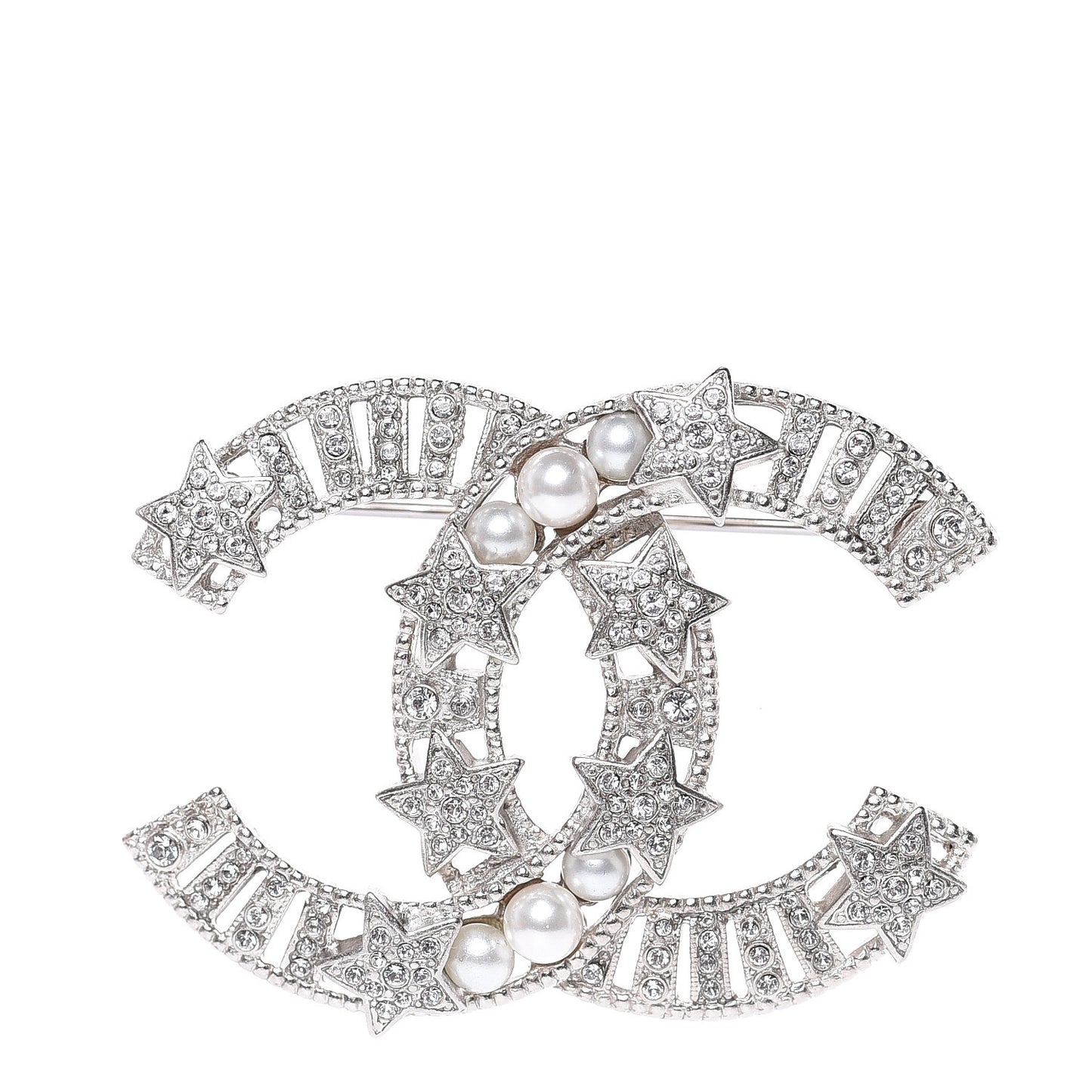 Crystal Pearl CC Star Coco Flapper Brooch Silver