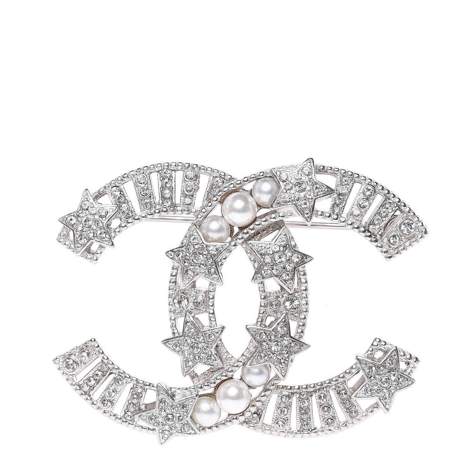 Chanel Crystal Pearl CC Star Coco Flapper Brooch Silver 1 of 5